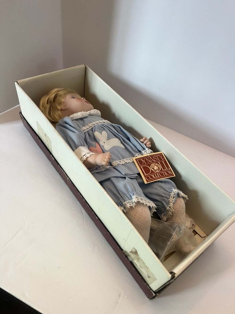 Vintage Dynasty Doll Collection Porcelain Girl Doll with Bunny Motif Dress